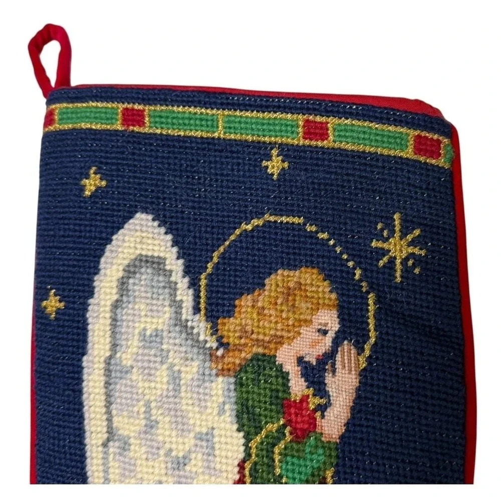 Vintage Wool Needlepoint Christmas Stocking Angel Holiday Petit Point Decor 20